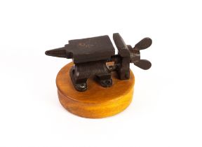 METAL VINTAGE JEWELLER'S VICE mounted on a later wooden plinth; WALKER & HALL LATE VICTORIAN EPBM