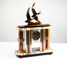 FRENCH ART DECO PINK VEINED MARBLE, CHROME AND GILT METAL MANTLE CLOCK, the octagonal Arabic dial