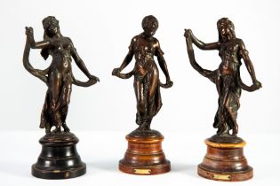 SET OF THREE EARLY TWENTIETH CENTURY CAST COPPER FIGURES, cast as female figures dancing, on