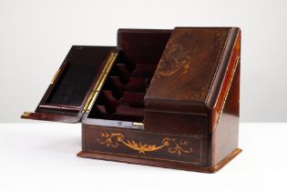 EDWARDIAN INLAID ROSEWOOD STATIONERY BOX, with sloping front, opening to the centre to reveal an
