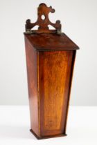 ANTIQUE OAK AND MAHOGANY MURAL CANDLE BOX, of tapering form with pierced hanger, a/f, 20” (50.8cm)