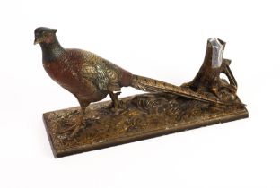 VICTORIAN COLD PAINTED METAL PHEASANT TABLE LIGHTER on natural oblong base, the pheasant in