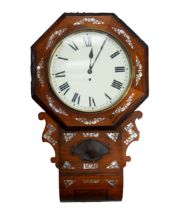 VICTORIAN ROSEWOOD AND MOTHER OF PEARL INLAID DROP DIAL WALL CLOCK, the 11 ½” Roman dial powered