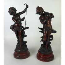 AFTER AUGUSTUS MOREAU PAIR OF BRONZED SPELTER ALLEGORICAL STATUES VIZ FISHERBOY AND GIRL WATER