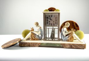 FRENCH ART DECO ALABASTER, GREEN ONYX, BROWN AGATE AND CHROME FIGURAL MANTLE CLOCK, the square
