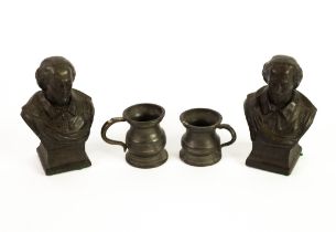 PAIR OF BRONZE WHITE METAL SMALL BUSTS OF SHAKESPEARE, 4 1/2" high (11.5cm); and a PAIR OF OLD