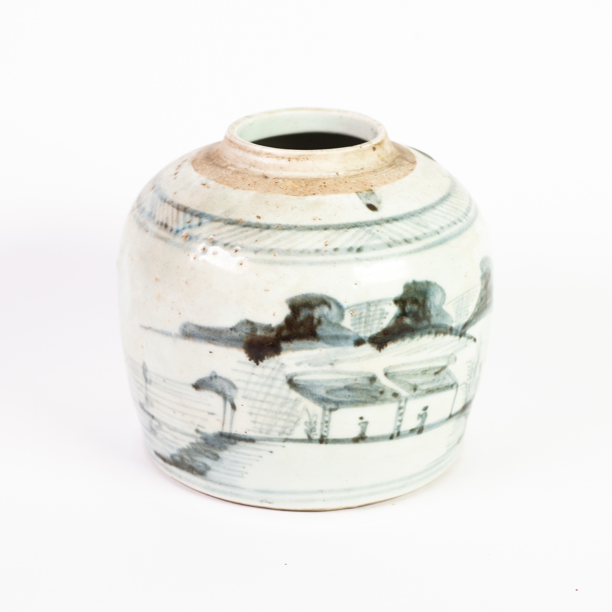 CHINESE PROVINCIAL WARE GINGER JAR, simple hand painted design of a lakeside fishing village with