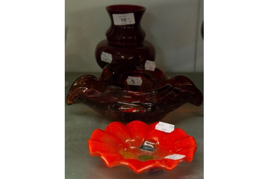 MURANO HOT WORKED RED BUBBLE GLASS DISH, RUBY GLASS VASE and a MURANO SMALL, ORANGE ‘CANDY’ DISH, (