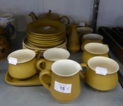 A SMALL GROUP OF LIGHT BROWN DENBY TEA WARES, TO INCLUDE; TEAPOT, MILK JUG, SUGAR BOWL, TEA CUPS AND