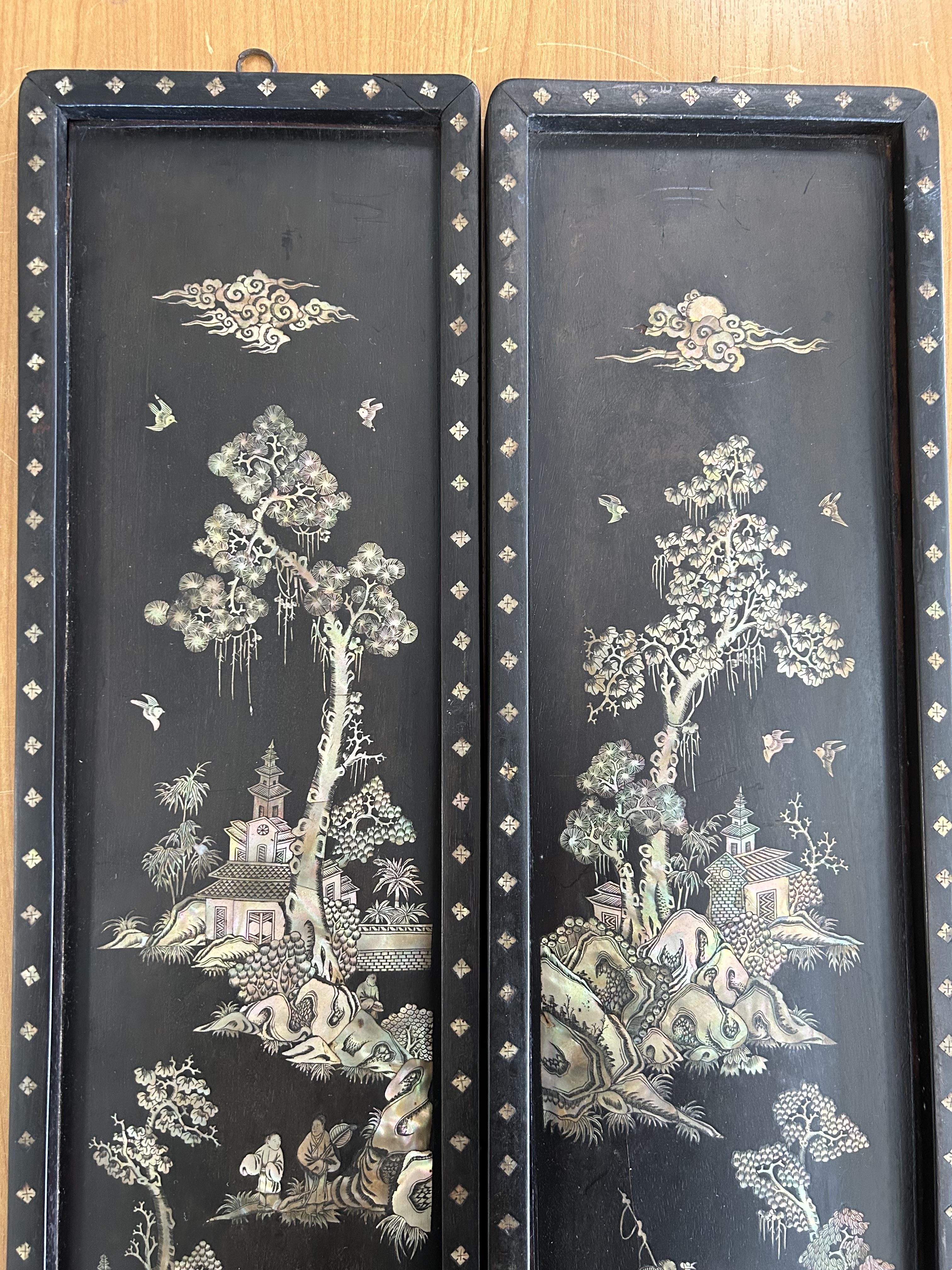 A pair of Chinese mother of pearl inlaid rosewood wall panels c.1900 - Image 2 of 8