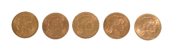 France. Third Republic, Five gold 20 Francs, 1910, 1911, 3x1912 (5)