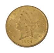 An American 1904 $20 dollar double eagle Liberty head gold coin