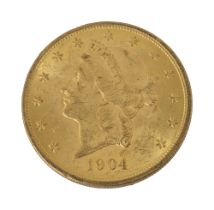 An American 1904 $20 dollar double eagle Liberty head gold coin