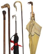 Five late Victorian / Edwardian novelty walking sticks and parasols