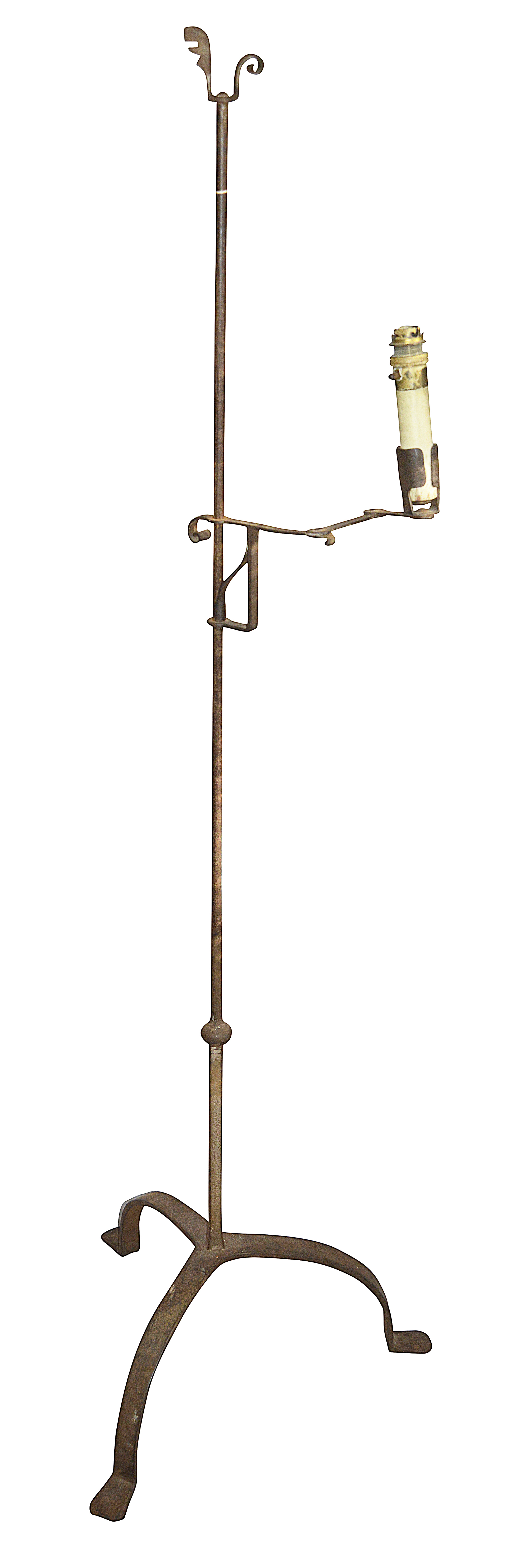 An early 18th century wrought iron standing floor candle holder