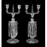 A pair of Victorian moulded glass twin light lustre candelabra