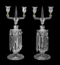 A pair of Victorian moulded glass twin light lustre candelabra