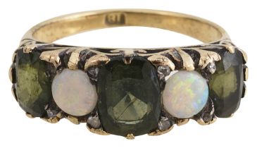 A green sapphire and opal five stone ring