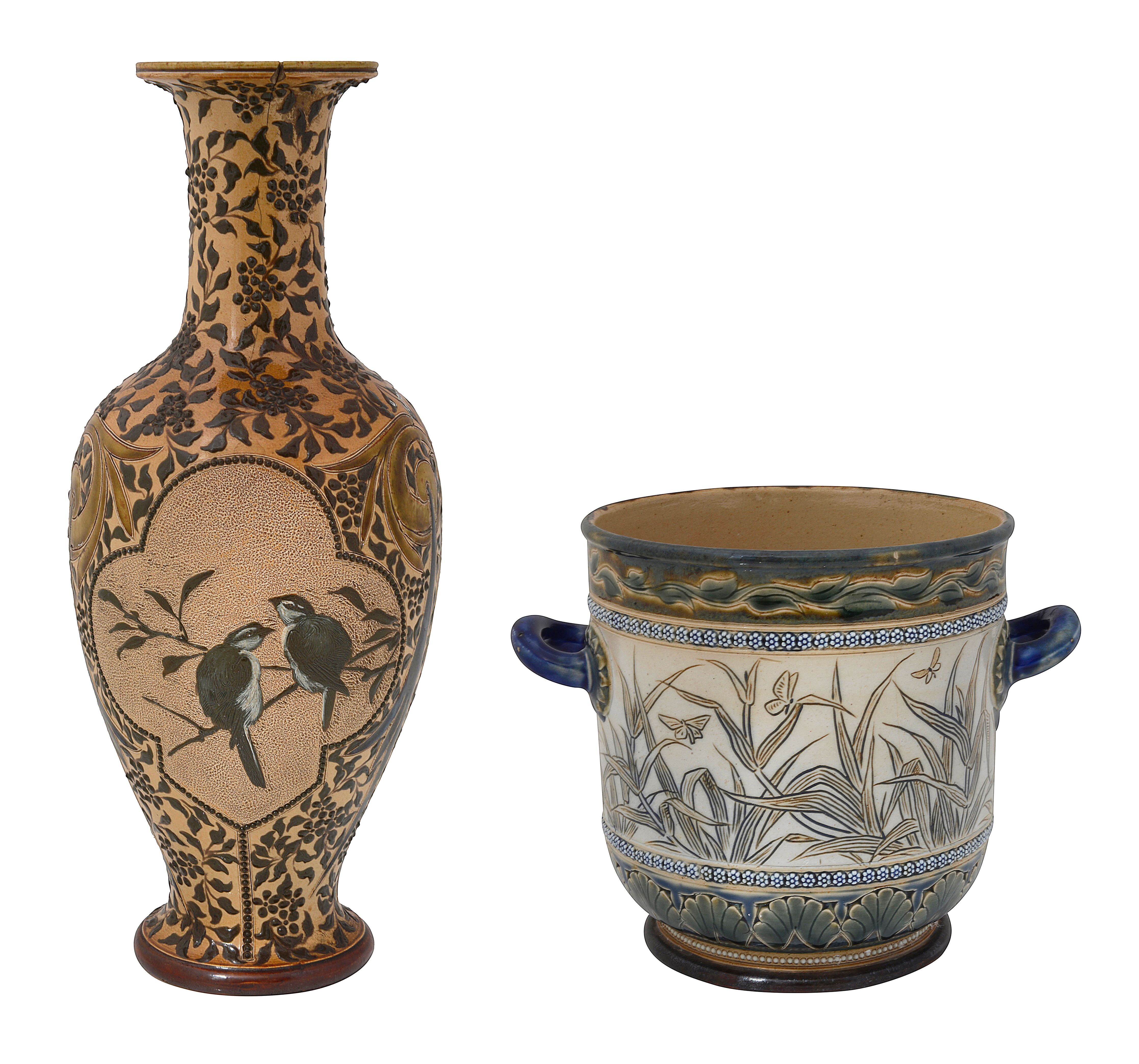 A Doulton Lambeth stoneware vase and a jardiniere by Florence Barlow