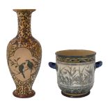 A Doulton Lambeth stoneware vase and a jardiniere by Florence Barlow