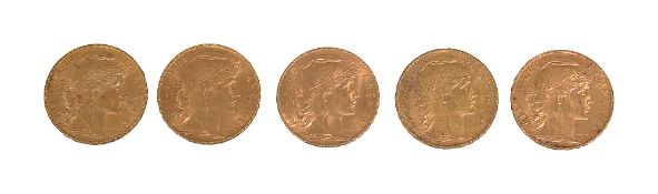 France. Third Republic, Five gold 20 Francs, all 1908 (5)