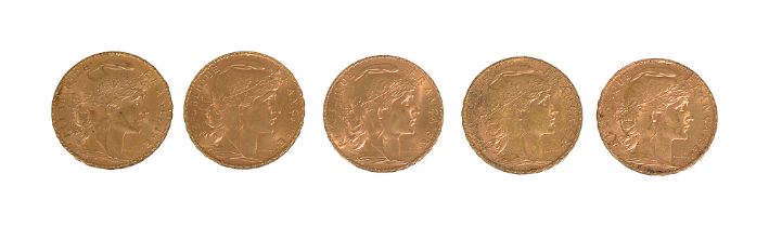 France. Third Republic, Five gold 20 Francs, all 1908 (5)