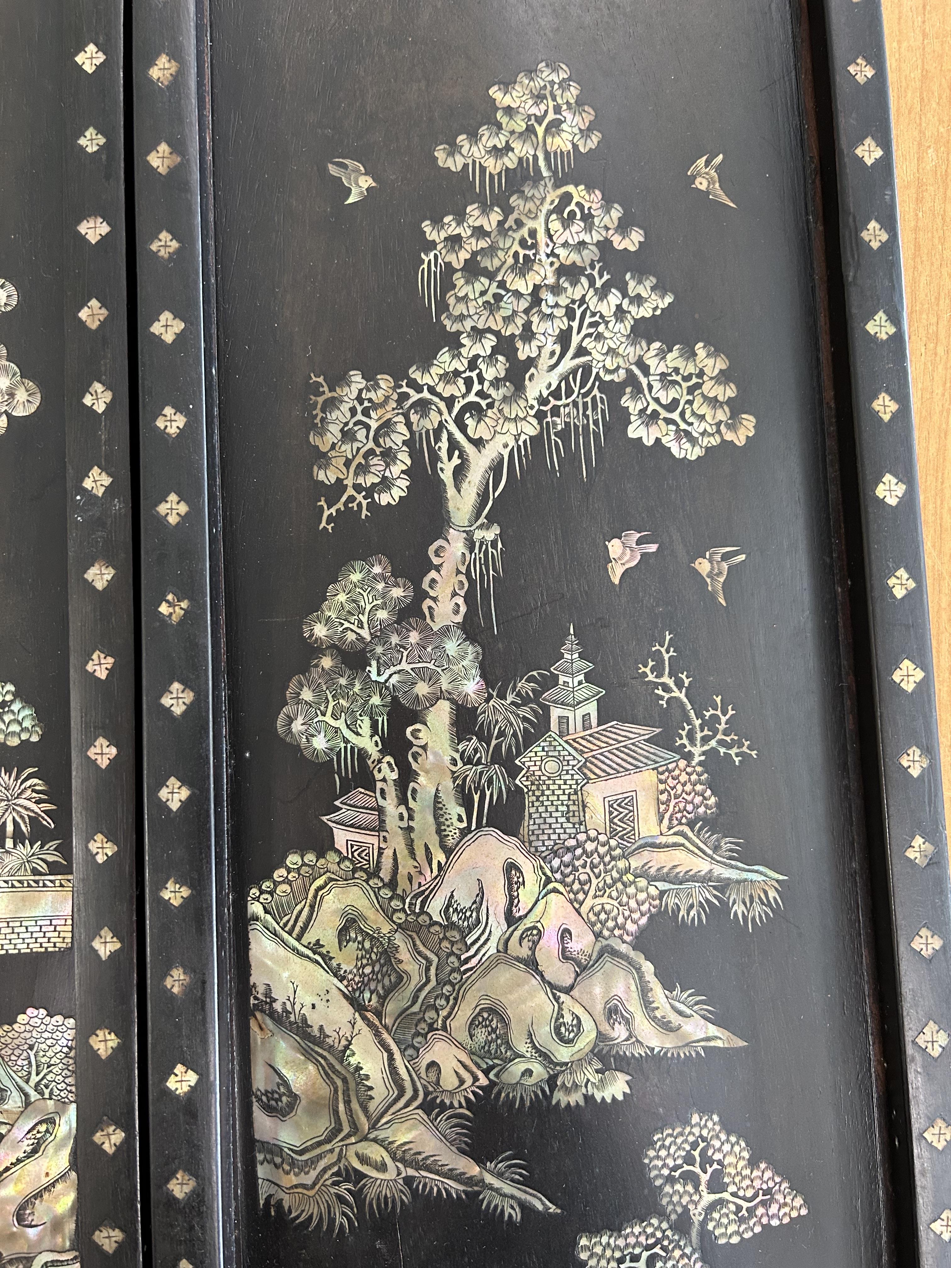 A pair of Chinese mother of pearl inlaid rosewood wall panels c.1900 - Image 4 of 8