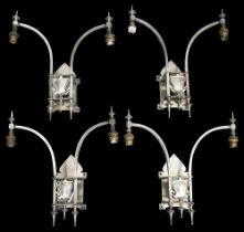 A set of four Edwardian silvered brass two branch wall lights c.1900