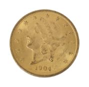 An American 1904 $20 dollar double eagle Liberty head gold coin