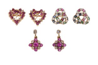 A pair of 9ct gold trefoil, sapphire, ruby and emerald ear-studs