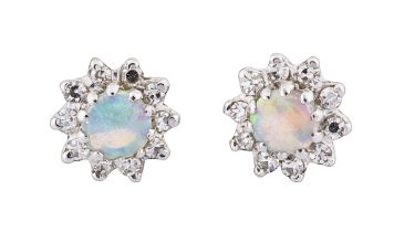 A pair opal and diamond cluster ear-studs