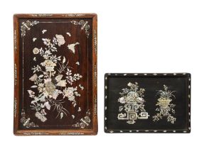 Two Chinese mother of pearl inlaid rosewood rectangular trays c.1900