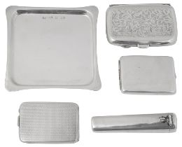 An Edwardian silver cigarette case, two matchbook holders and other silver