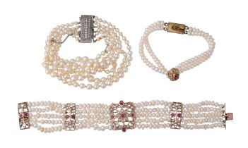 Three cultured pearl bracelets: