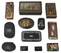 A collection of mostly early 19th century papier mache snuff boxes