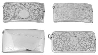 A late Victorian silver card case and three other later silver card cases