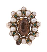 A yellow topaz and half pearl and emerald ring