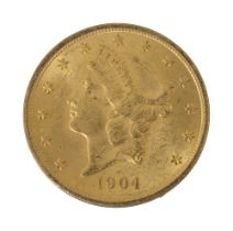 An American 1904 $20 dollar double eagle Liberty head gold coin