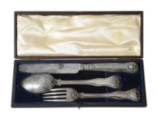 An early Victorian cased silver three piece Kings pattern christening set