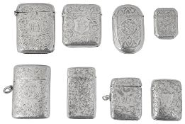 Eight late Victorian silver vesta cases