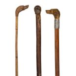 Three novelty dog head walking canes c.1900