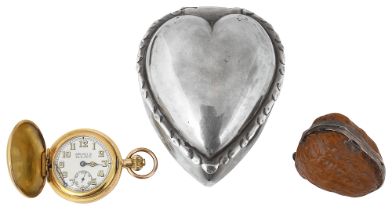 Late Victorian heart trinket and walnut, plated fob watch and walnut