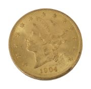 An American 1904 $20 dollar double eagle Liberty head gold coin