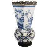 Japanese bronze mounted blue and white double walled reticulated vase