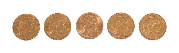 France. Third Republic, Five gold 20 Francs, 2x1907, 3x1909 (5)