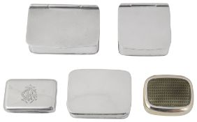 A Victorian silver snuff box and four other later snuff boxes