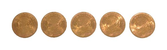 Switzerland. Five gold 20 francs, all 1935