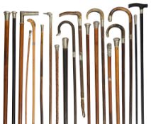A collection of Victorian and later walking sticks and canes, mostly with silver tops and collars