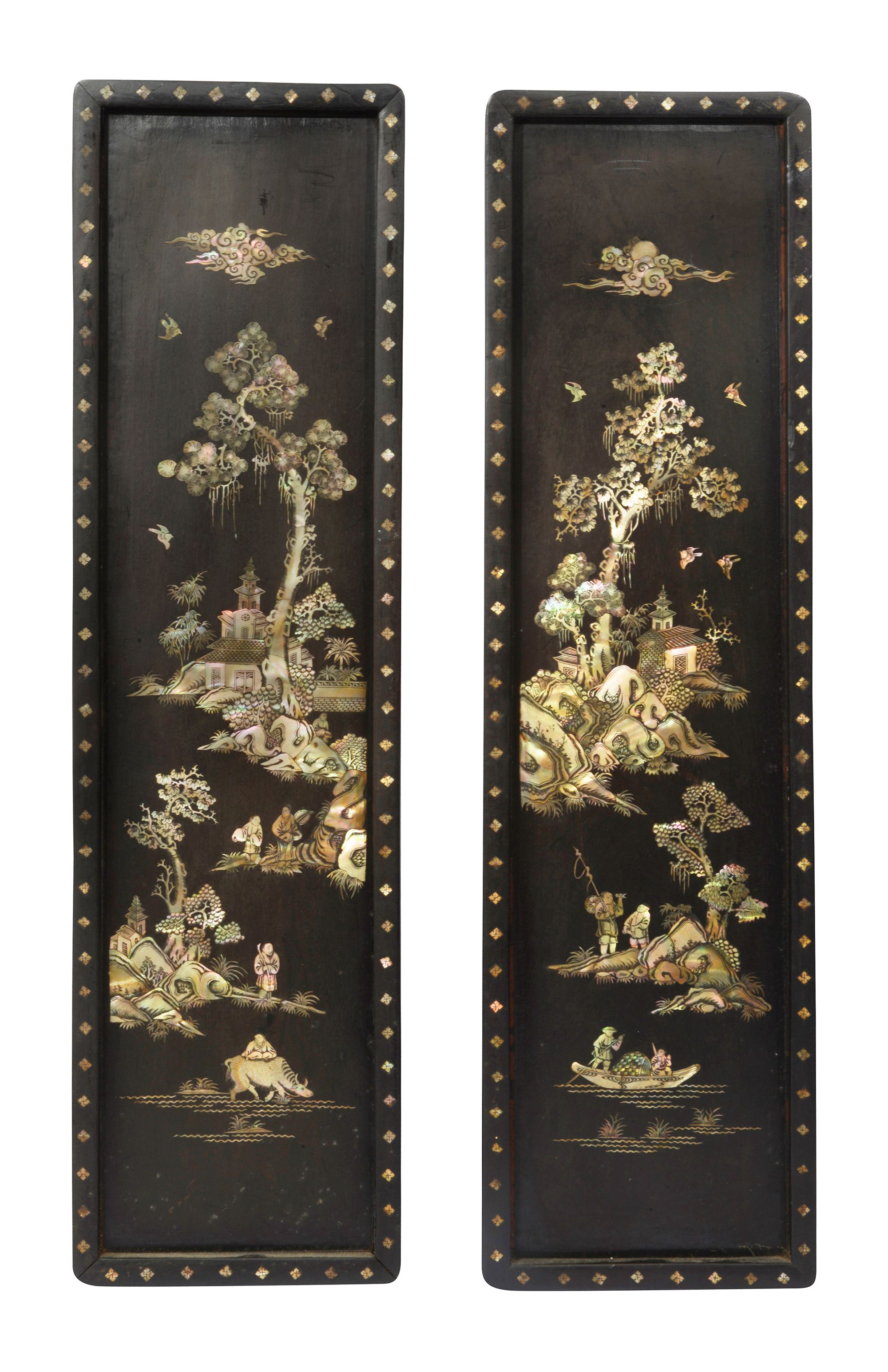 A pair of Chinese mother of pearl inlaid rosewood wall panels c.1900