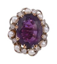 An amethyst, pearl and diamond ring